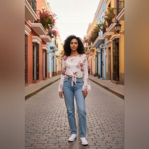 Women's Cleo White Burgundy Floral Bell Sleeve Blouse M